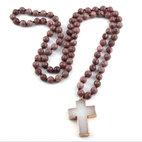 Natural Pink Agate Cross Pendant Necklace - Picture 2 of 6